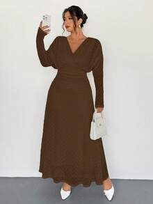 Firerie Plus Size Women Elegant Vacation Textured Fabric Ruched Long Sleeve V-Neck Elastic Waist Flared Dress, Autumn/Winter/Spring Outfits For Women - Brown - View 4