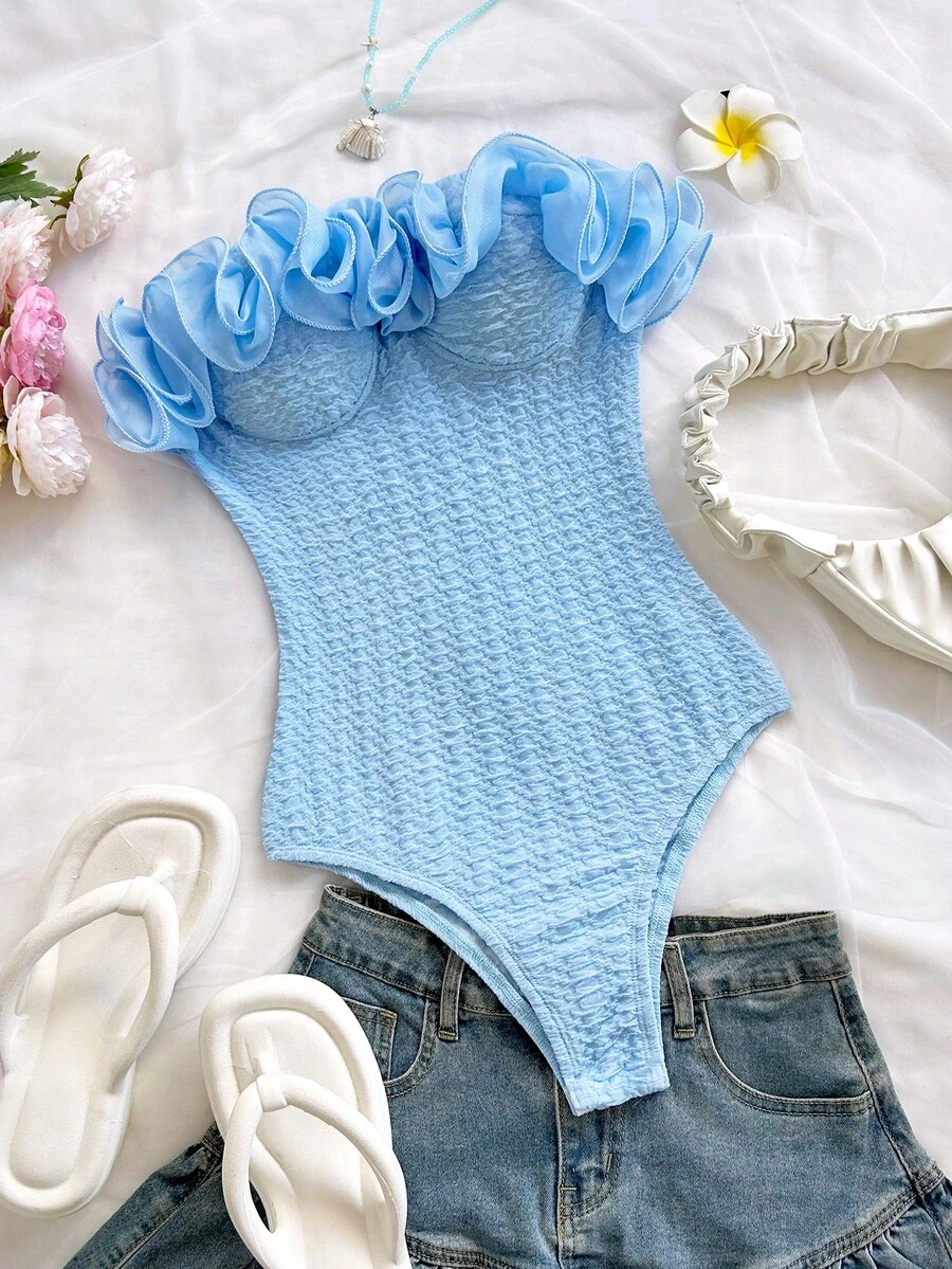 Soleia 夸张荷叶边无肩带女士连体衣，适合派对、假日、约会、下午茶、度假、音乐节、海滩、夏季穿搭、波西米亚风、休闲度假、钩针编织、亚麻材质 - 藍色 - 查看 1