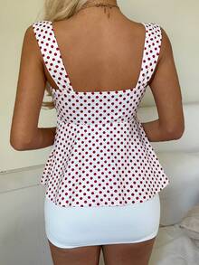 CovetEZ Hàng mới về mùa Xuân/Hè 2026 dành cho nữ: Áo nữ chấm bi đỏ ngọt ngào, dễ thương, kiểu dáng thường ngày, có bèo nhún và dây rút. - Đỏ và trắng - Xem 5