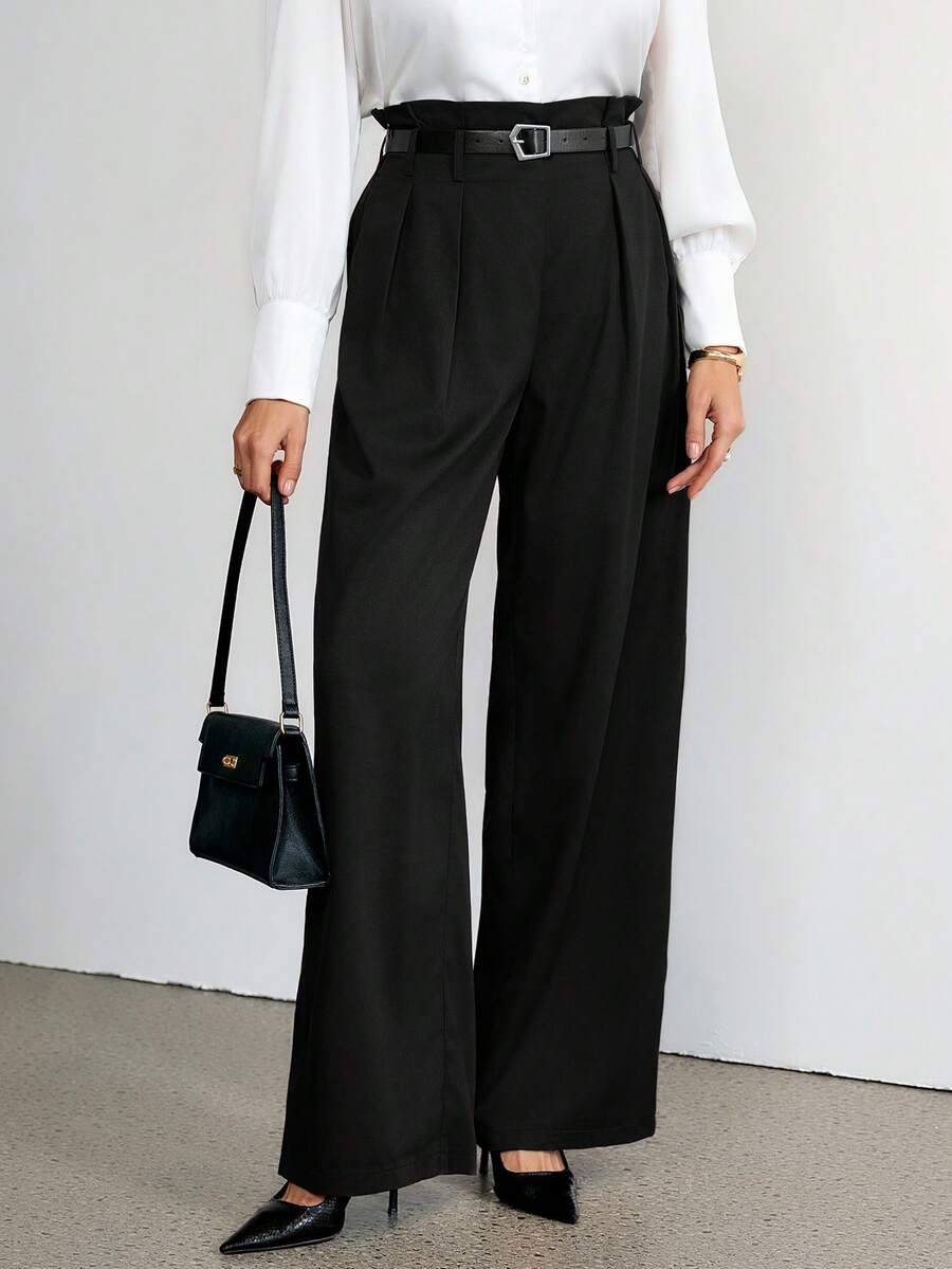 SHEIN Tall High-Waisted Retro Straight Black Trousers, Casual Daily Wear, Autumn And Winter Women's Bottoms, Business Casual Women's Wear, 90s Wear, Homecoming, Korean Fashion, Office Wear, Renaissance, Old Money Style, Prom, , Goth, , Festival,New Year,Valentine - Black - View 1