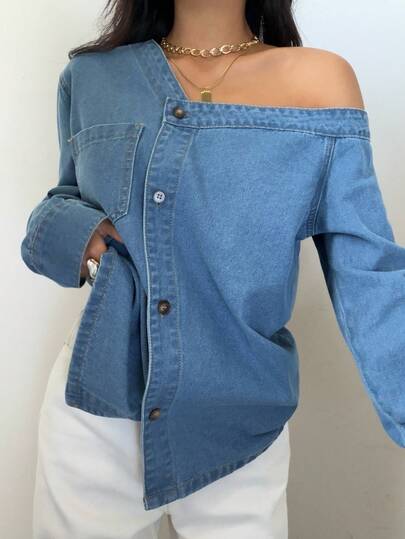 Siren Gaze Blusa vaquera de manga larga, corte holgado y abotonada para mujer