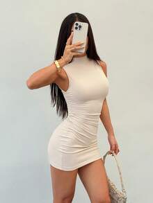 SHEIN PETITE 女士新款纯色立领迷你连衣裙 - 米色 - 查看 1