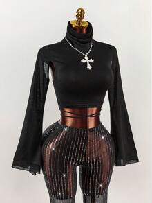 Amplova Y2K 高领喇叭袖露背交叉系带荷叶边下摆性感街头风派对上衣，黑色网纱透视款。 - 黑色 - 查看 1