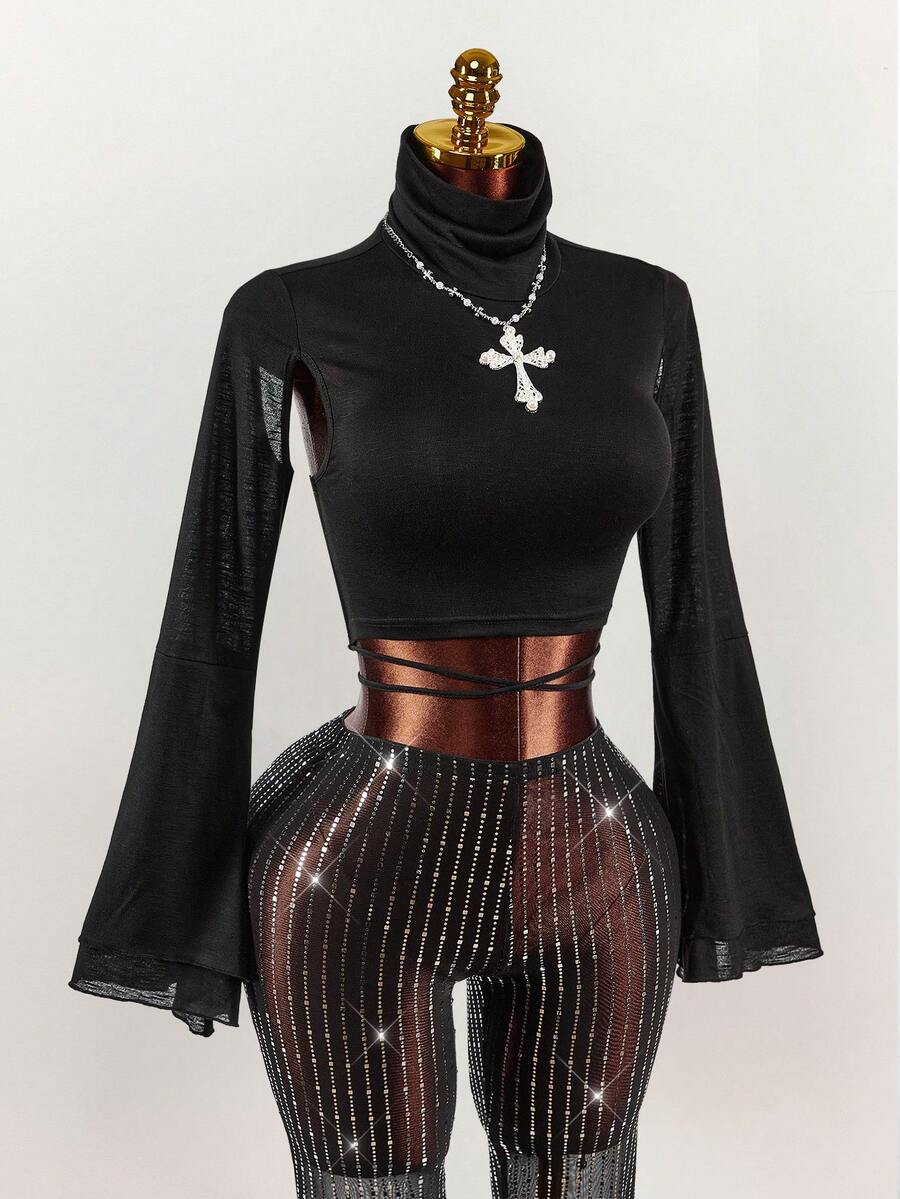 Amplova Y2K 高领喇叭袖露背交叉系带荷叶边下摆性感街头风派对上衣，黑色网纱透视款。 - 黑色 - 查看 1