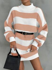 EURMUSE Women Drop Shoulder Sweater Dress With Striped Pattern - Coral Pink - View 7