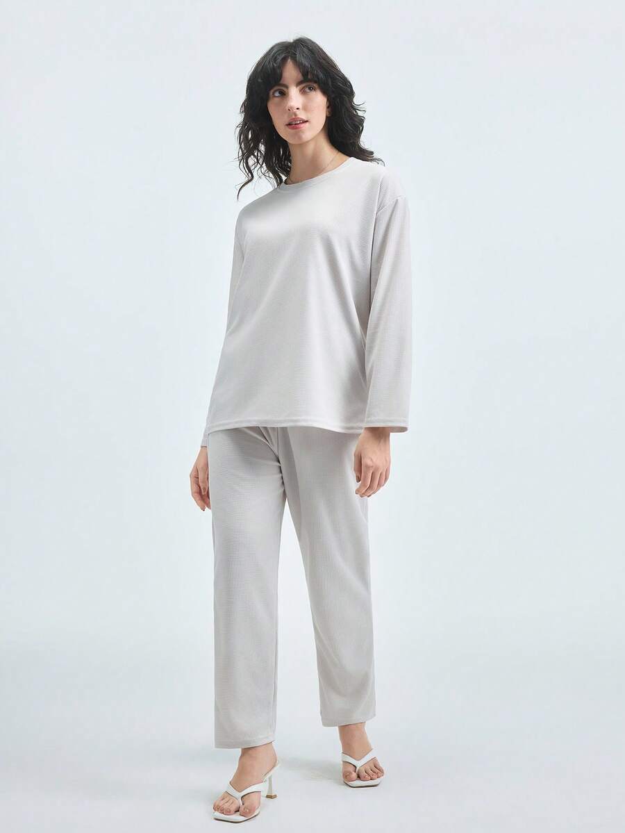 Loungeista 2 件套女士 4 季华夫格纹理休闲纯色睡衣家居服套装,含长袖上衣和裤子,春/秋/冬,两件套舒适服装,秋季服装 - 淺灰色 - 查看 1