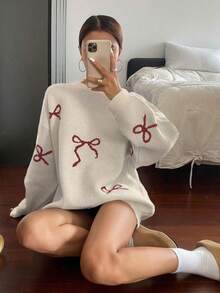DAZY 女士宽松圆领蝴蝶结装饰长袖休闲毛衣 - 白色 - 查看 2