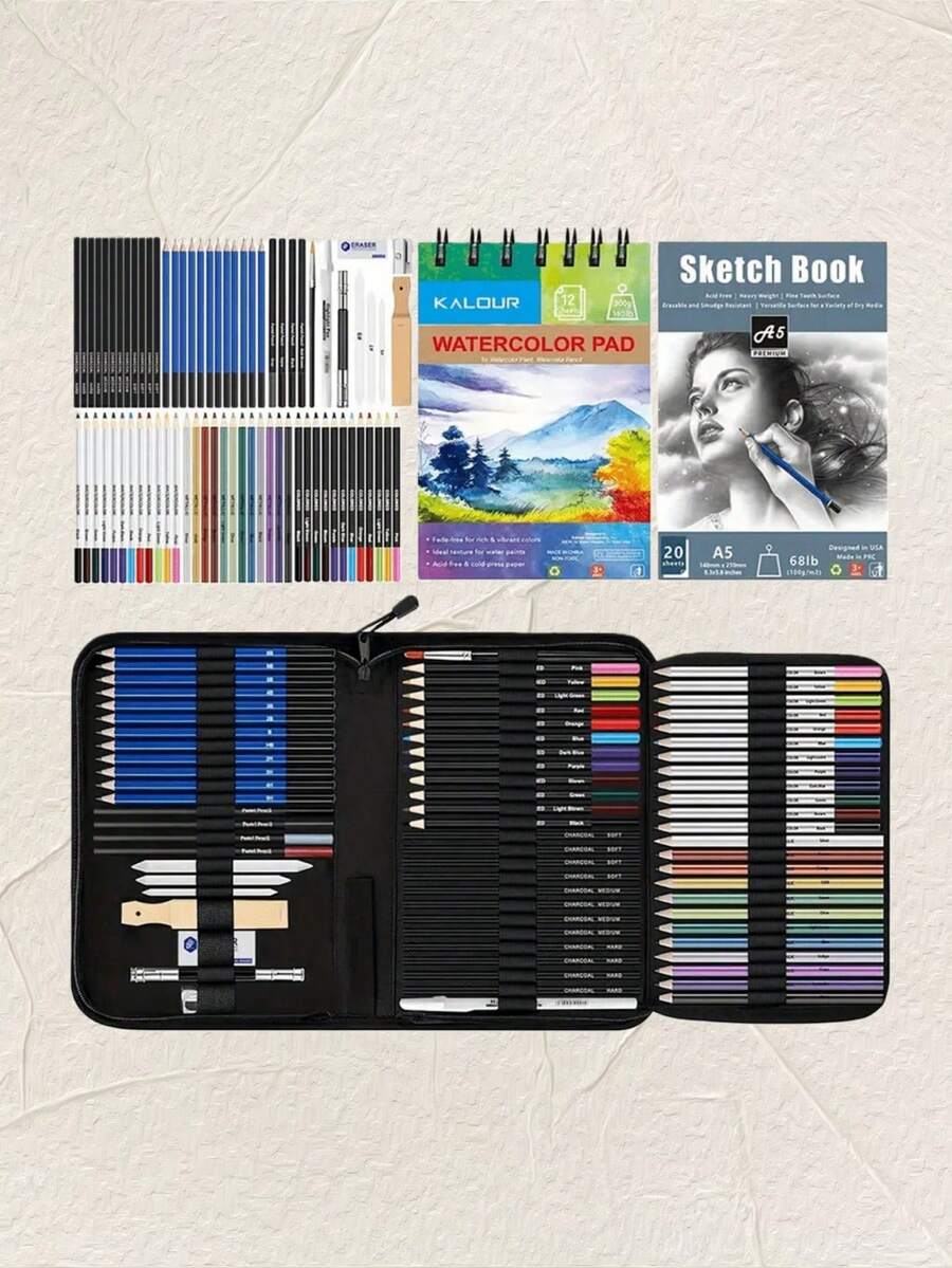 28/51/72件套绘画素描套装 - 专业美术用品 - 包括水彩、石墨、彩色颜料、金属色颜料、粉彩、炭笔 - 彩色 - 查看 1