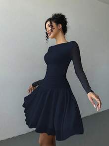 Chiquease 女士船领休闲优雅派对鸡尾酒会摆裙，适合春夏穿着 - 藏蓝色 - 查看 3