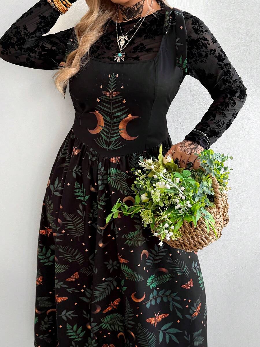 Whyspr 大码女式乡村朋克风蝴蝶结肩方领印花连衣裙 - 黑色 - 查看 1