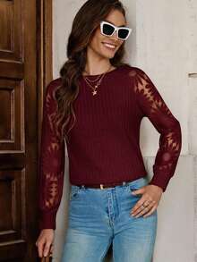 SHEIN Clasi Women's Casual Burgundy Rib-Knit Round Neck Top With Sheer Floral Raglan Long Sleeves - Burgundy - View 5