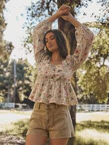 WESTFADE Áo babydoll cổ tròn thêu họa tiết kẻ caro, cài cúc phía trước, xếp ly, thích hợp cho mùa thu, đông, phong cách thường ngày, dễ thương, kiểu miền Tây, boho, Giáng sinh, năm mới, lễ hội. - Màu Khaki - Xem 1