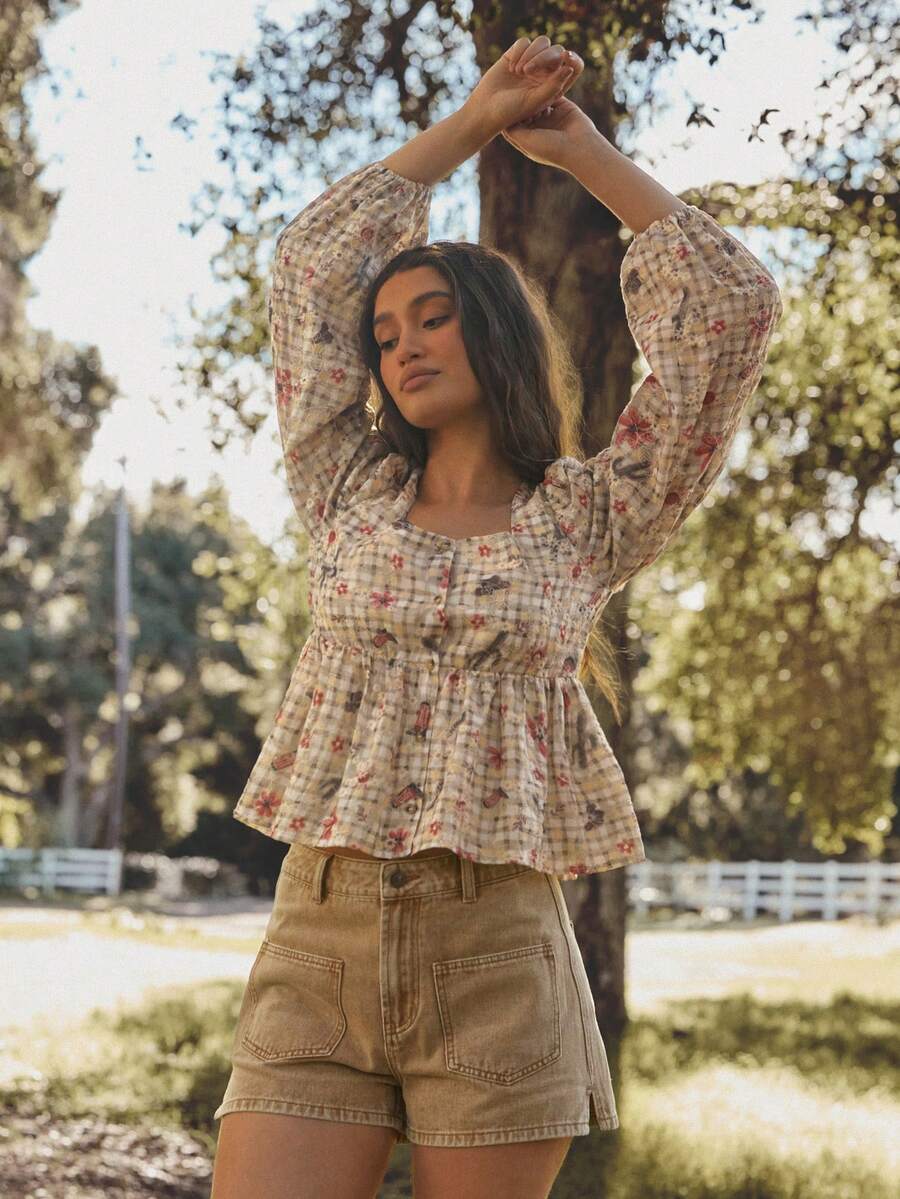 WESTFADE Áo babydoll cổ tròn thêu họa tiết kẻ caro, cài cúc phía trước, xếp ly, thích hợp cho mùa thu, đông, phong cách thường ngày, dễ thương, kiểu miền Tây, boho, Giáng sinh, năm mới, lễ hội. - Màu Khaki - Xem 1