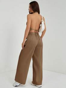 SHEIN PETITE 夏季/夏季OL风V领无袖露背上衣搭配阔腿裤,显瘦显高,适合街头穿搭,棕褐色两件套女装 - 棕色 - 查看 3