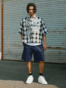 Manfinity Roghcode 男士休闲抽绳腰带短裤，带口袋，宽松街头风短裤，简约大字母压纹设计，质感面料，简约时尚，日常休闲百搭，时尚百搭，简约吸睛的版型，假日/男友礼物，健身短裤，男士短裤，海军蓝短裤，男士街头风短裤，男士运动短裤 - 藏蓝色 - 查看 2