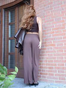 SILVIA DI SANTO Women's Linen Blend Low Waist Straight Leg Casual Pants, Suitable For Holidays Work Pants,Linen Pants - Rust Brown - View 2