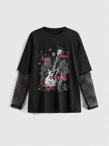 ROMWE Goth 哥特学院风猫咪印花网眼拼接宽松T恤，女款，返校季 - 黑色 - 查看 1