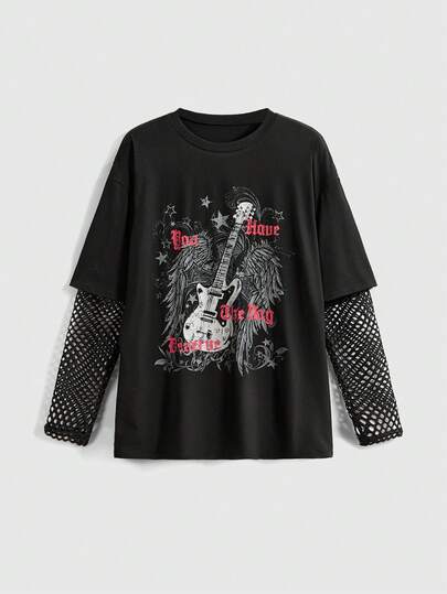 T-shirt ample à patchwork en maille imprimé chat gothique pour femmes, de retour à la saison scolaire