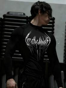 GymBeat Men's Minimalist Print Long Sleeve Athletic T-Shirt Compression Shirt Men - Black - View 3