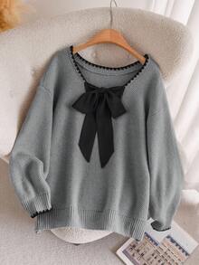 CosyJoli Plus-Size Women's Bow Woolen Pullover Top,Pink And Grey,Autumn,Cute,School,Back-To-School Warm Sweaters,Winter Clothing For Women,Loose Winter Clothes - Grey - View 6