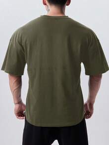 GymBeat 男士纯色圆领短袖休闲健身运动T恤健身服跑步T恤和背心健身上衣健身房上衣透气 - 軍綠色 - 查看 2