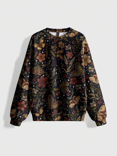 Plus Size Gothic Sweatshirt With Hippie Butterfly, Floral, Sun, Moon And Star Designs