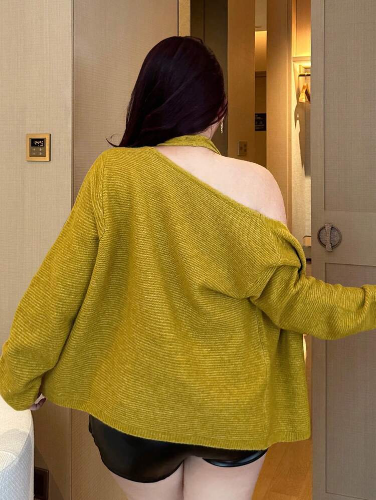 Dazy Plus Plus Size Women Elegant Halter Neck Loose Cardigan Sweater Set, Autumn/Winter