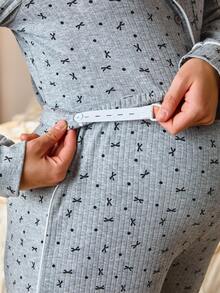 SHEIN 2pcs Maternity Bow Print Lapel Collar Long Sleeve Button-Up Top And Adjustable Waist Pants Set,Maternity Clothes - Grey - View 7