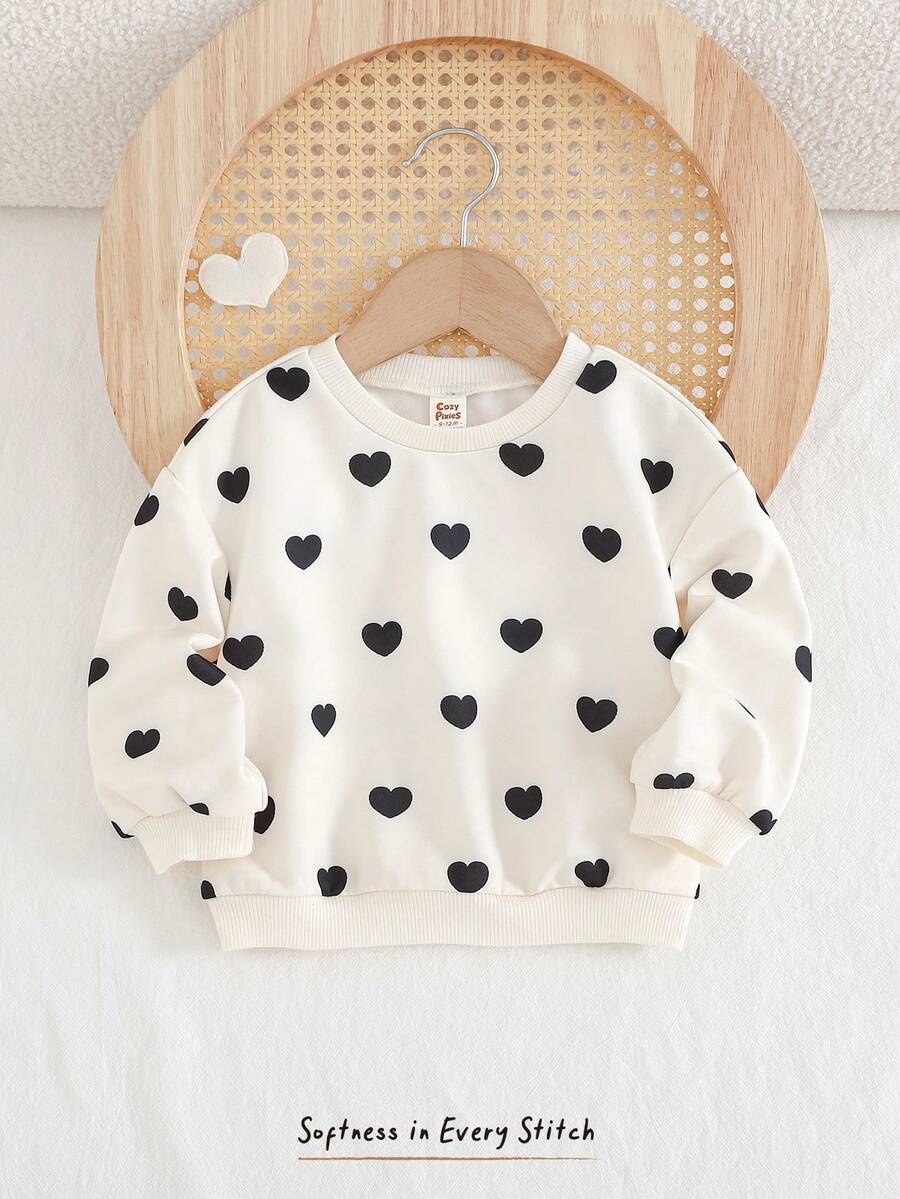 Cozy Pixies Baby Girl Heart Pattern Valentine's Day Love Heart Knitted Soft Round Neck Long Sleeve Pullover Sweatshirt, Comfortable Versatile Fashionable Casual Cute Basic Style, Suitable For Autumn/Winter Indoor, Outdoor Leisure, Skiing, Back To School, Daily Wear, Sports, Play, Party
