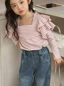 SHEIN 女童基础款条纹T恤，休闲针织面料，适合返校、学习和居家穿着 - 淺粉色 - 查看 4