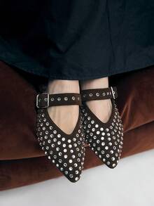 Mnmlis Femmes Mode Navetteur Décoration Strass Bout Pointu Boucle Réglable Ballerines - Marron - Voir 9