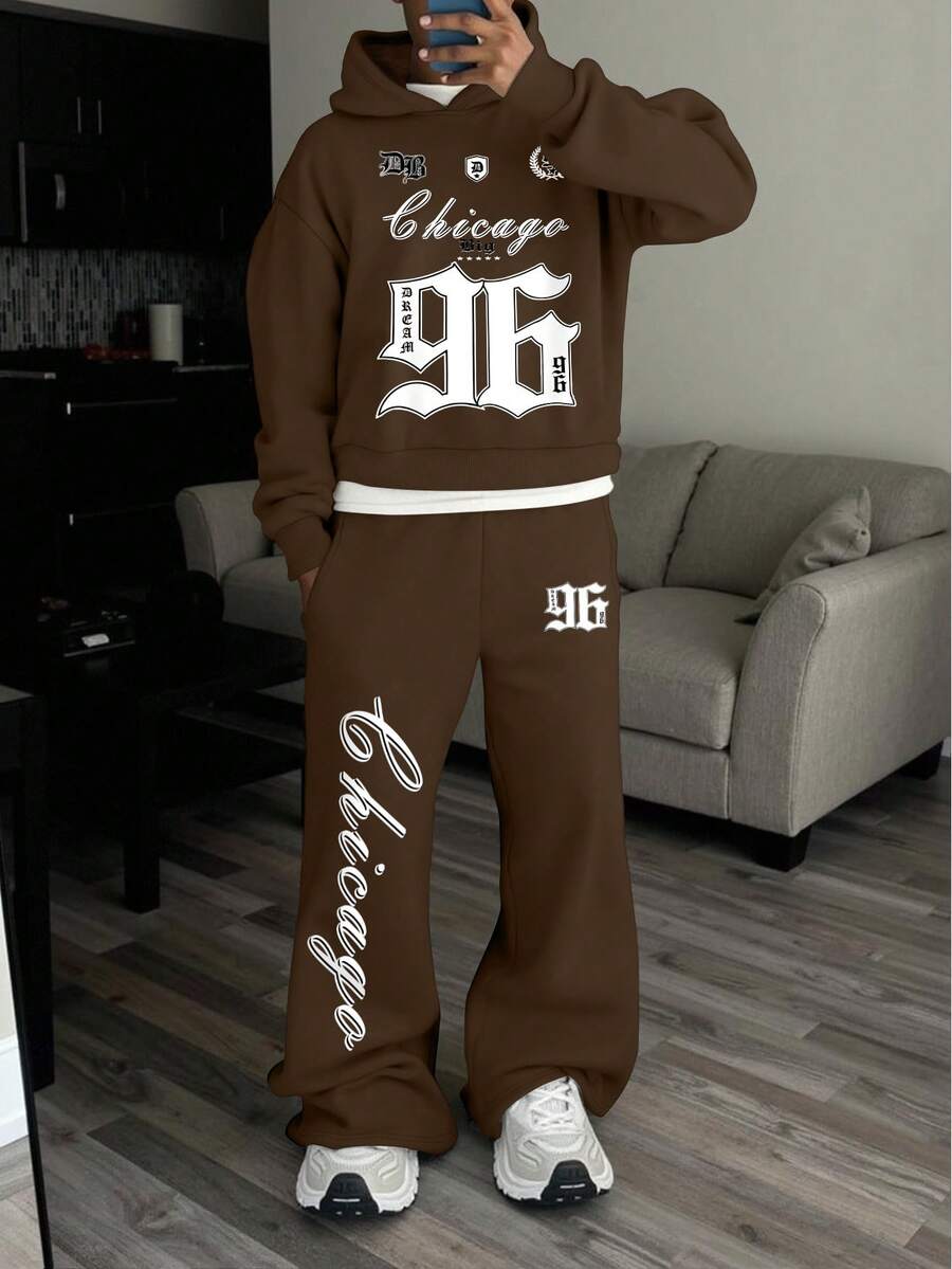 STEELVANCE 2pcs Men's Chicago Slogan Graphic Print Sweatshirt And Sweatpants Set, Fall Outfit - Brown - View 1