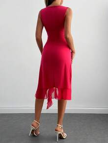 EURMUSE Vestido tubo asimétrico con volantes, ribete de volantes, detalles fruncidos - Rosa Fucsia - Ver 2