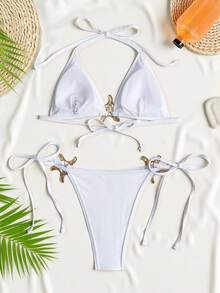 Swim SXY Women's Sexy Swimsuit Sequin Halter Bikini Set, Backless Tie Strap Bathing Suit, Spring/Summer Beach Swimwear - Silver - View 7