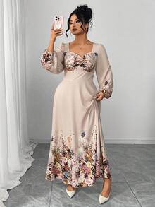 Modelyn Plus Size Elegant Floral Print Dress - Apricot - View 6