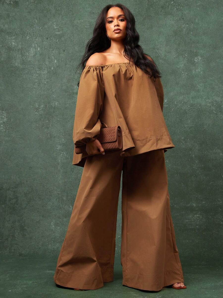 Vixey Elasticized Off Shoulder Long Sleeve Oversized Top - Yellow - View 1