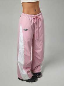 SHEIN PETITE Damen Kontrast-Farbblock Elastischer Bund Kordelzug Lässige Gerade Lose Sportliche Hose