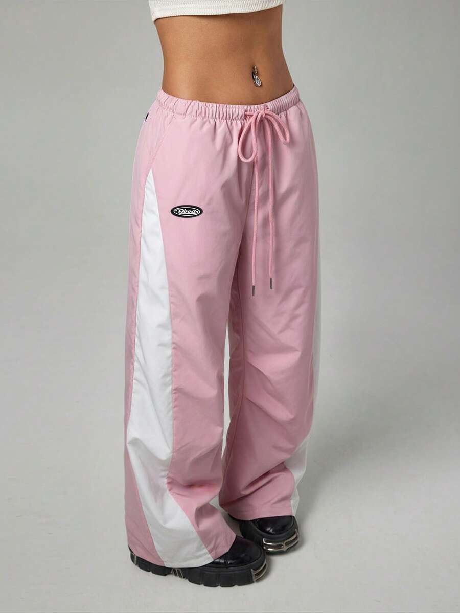 SHEIN PETITE Damen Kontrast-Farbblock Elastischer Bund Kordelzug Lässige Gerade Lose Sportliche Hose