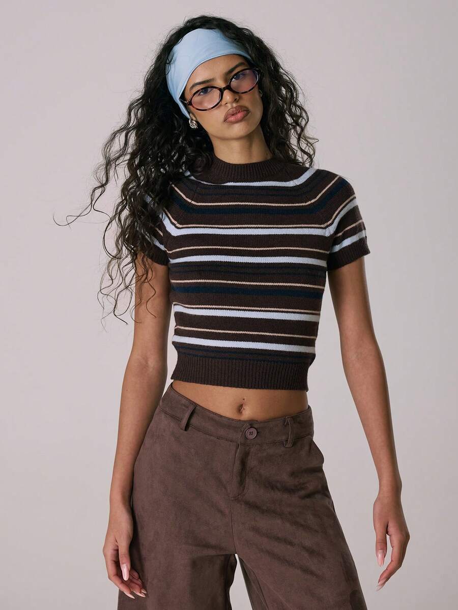 MUSERA 条纹针织圆领修身短袖T恤 休闲可爱冬季舒适家居针织衫 Coco Cloud Spring - 彩色 - 查看 1