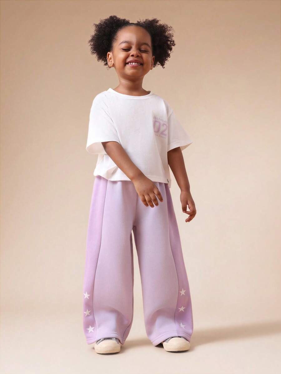 SUMWON Star Detail Wide Leg Jogger Set With Graphic T-Shirt Casual Comfortable Co-Ord Outfit For Everyday Wear Vacation - Purple - View 1