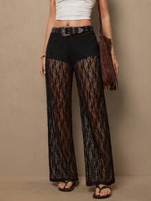 Freevana 女士弹力腰带花卉蕾丝直筒宽松时尚裤