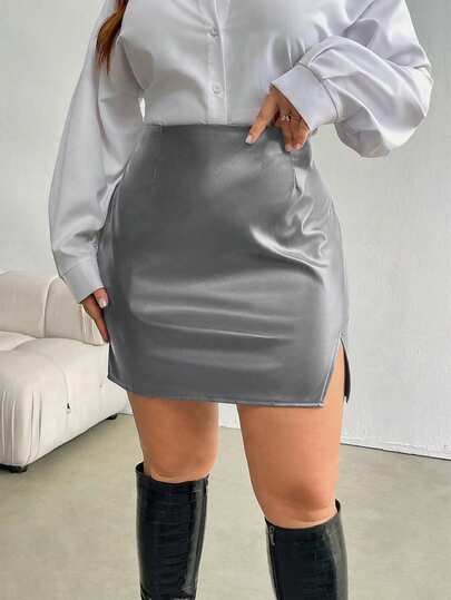 Firerie Plus Size Women Elegant PU Leather Short Skirt With Side Slit, Casual & Comfortable For Autumn/Winter Grey Skirt Split Thigh Skirt Silver Skirt
