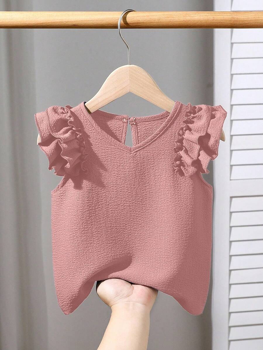 Genkimix Kids 女童纹理面料休闲T恤，带荷叶袖 - 粉色 - 查看 1