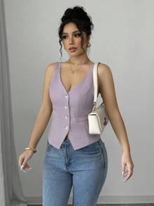 Elenzga Áo hai dây cài nút phía trước màu trơn thường ngày mùa hè dành cho người đi làm - Màu tím - Xem 3