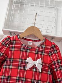 SHEIN 女童优雅红色格子拼接蝴蝶结装饰长袖荷叶边宽松连衣裙，秋冬季、派对、上学、日常休闲皆宜 - 紅色 - 查看 3