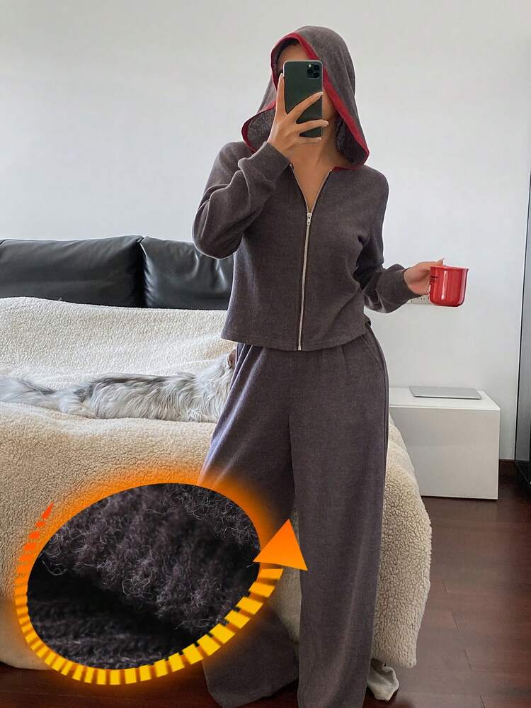 Women's Fleece Hooded Loungewear Set, Color Block Design, Autumn/Winter