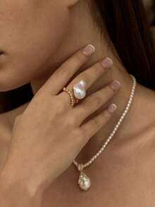 Opalesca 1 Pc Fashionable European & American Style Open Baroque Pearl Ring, High-End Personalized Luxury Baroque Geometric Ring,Outfits,Old Money,Wedding/Bridal Accessories,Western Jewelry,Fairycore/Fairy,Pearl,Fall/Autumn/Winter,Elegant - Yellow Gold - View 1