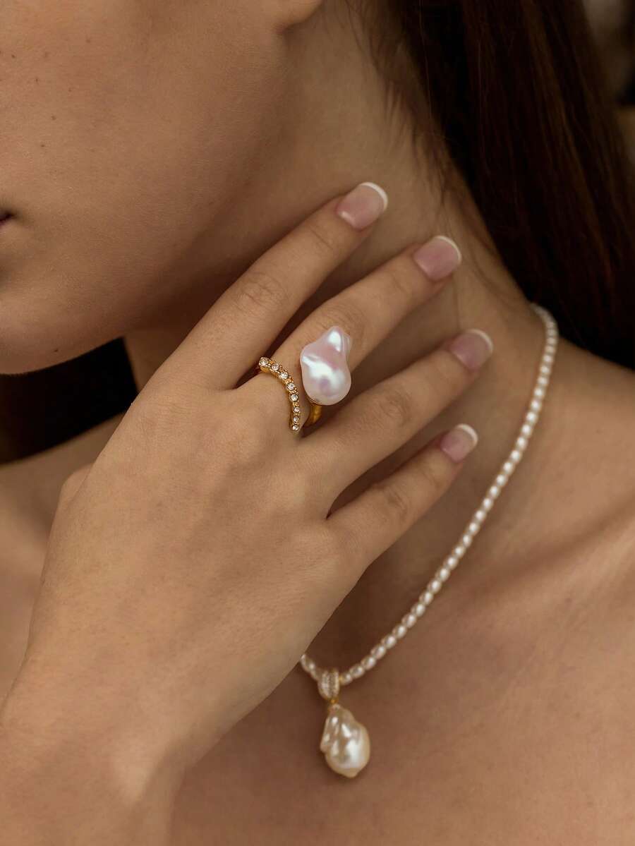 Opalesca 1 Pc Fashionable European & American Style Open Baroque Pearl Ring, High-End Personalized Luxury Baroque Geometric Ring,Outfits,Old Money,Wedding/Bridal Accessories,Western Jewelry,Fairycore/Fairy,Pearl,Fall/Autumn/Winter,Elegant - Yellow Gold - View 1