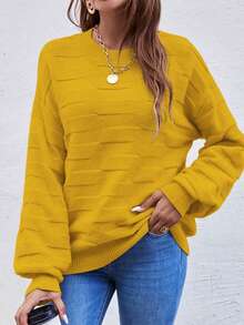 EMERY ROSE Plus Size Solid Color Casual Pullover Sweater, Autumn/Winter - Mustard Yellow - View 6