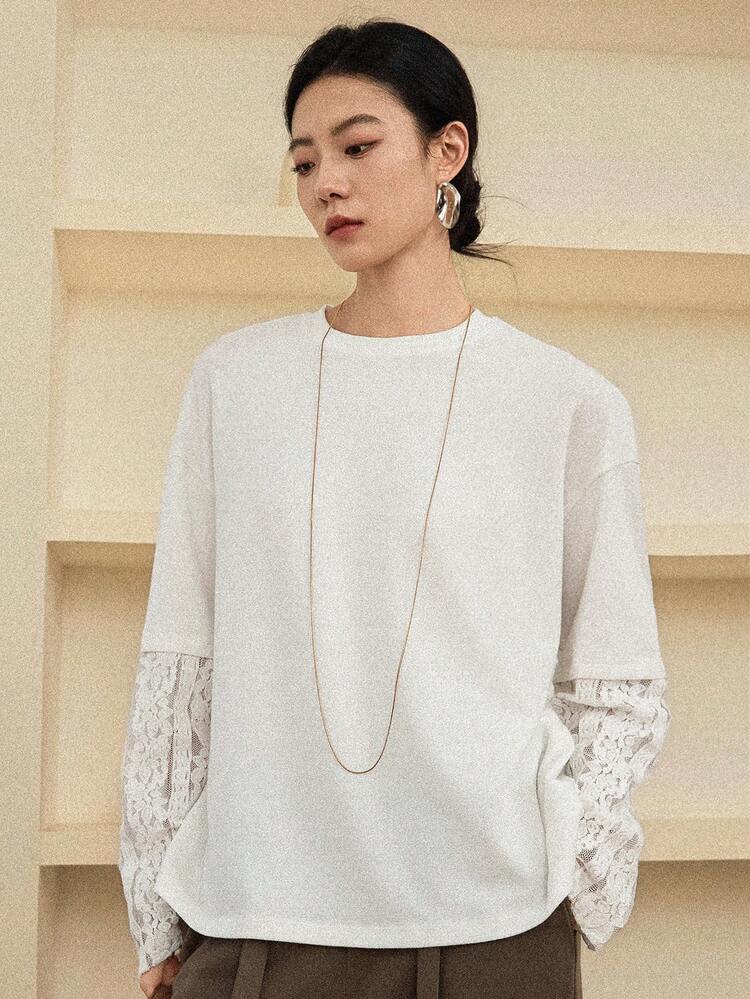 Women's Loose Casual Lace Patchwork White Long Sleeve T-Shirt, Versatile For Winter And Summer